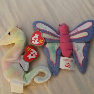 Mcdonalds beanie babies 2000 flitter the butterfly and neon the seahorse.